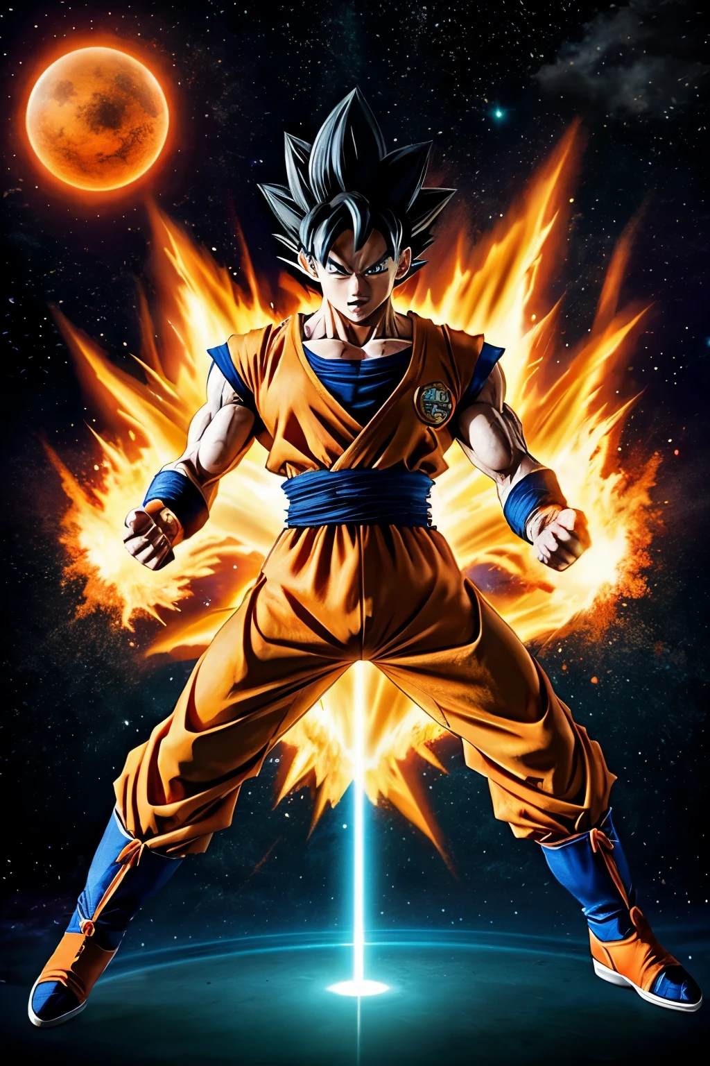 A dragon ball goku wearing its orange dress using kame aame aa (power)