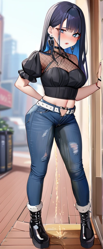 ((Highest quality, masterpiece:1.3, 8k)), (detailed), highly detailed face and skin texture, detailed eyes, Downtown, whole body, Slender body, One girl, Age 25, White skin, blue eyes, Bright lips, Worried, Embarrassing, Long Hair, (amount:0.8), blue eyes, Punk Fashion, Earrings,White belt,Jeans pants, Cargo Jeans, Gray jeans, Black boots, Pee Jeans, Pee pants, Pee stains, (Be incontinent:1.5), despair,