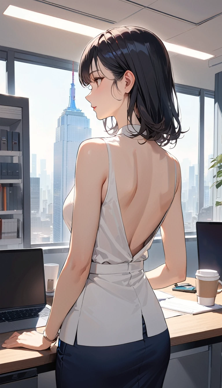 1 Woman Standing, holding a coffee cup, Turn your back, Clothing of office workers, Mature Woman, /(Black Hair/) bangs, (Masterpiece Top quality:1.2) Delicate illustrations, super detailed, Slender, /(Modern office indoors/), Skyscraper