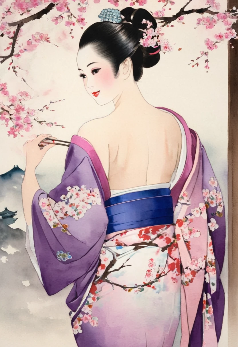 Nude Geisha Lying Sensual Beautiful Katana Japanese Flowers Water Japanese Painting Drawing
