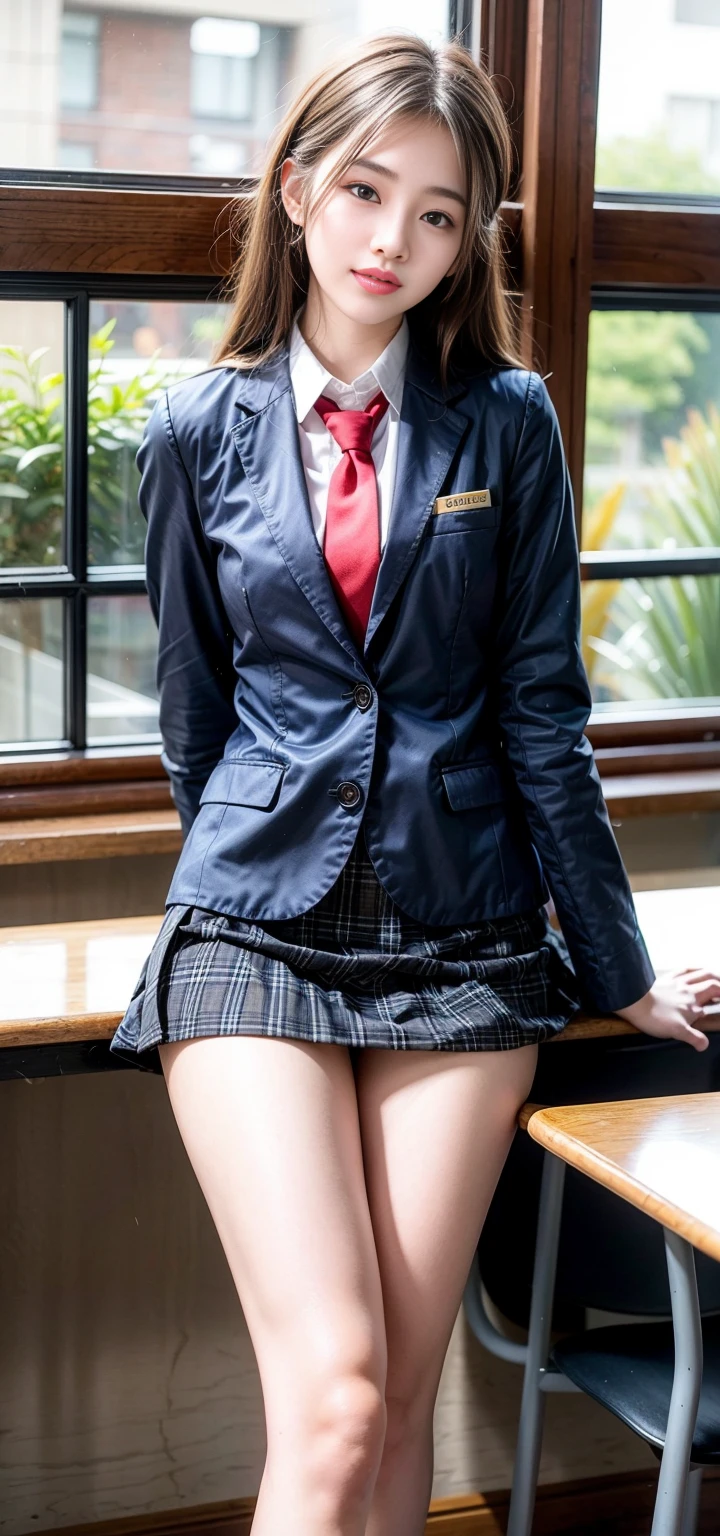 ((masterpiece)),(((best quality))),thin thighs,long legs,girl standing in school,red tie uniform,dark blue blazer,blue plaid skirt,18 years old,forehead,small smile,random pause,Pretty Woman,slim girl,