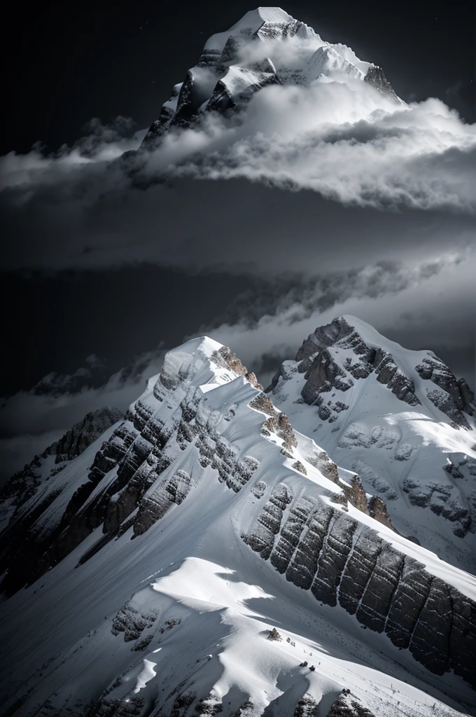 A majestic snow-capped mountain peak piercing the dark night sky, black and white photography, dramatic lighting, high contrast
Negative Prompt:
color, blurry, dull, overcast