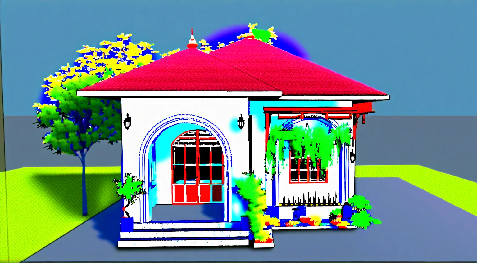 a rendering of a small white house with a red roof, frontview, exterior design, front perspective, 2 d render, front-view, front elevation view, front view dramatic, inter dimensional villa, front view, residential design, complete house, overall architectural design, detailed design, sketch - up, d render, simple yet detailed, with 3 d render