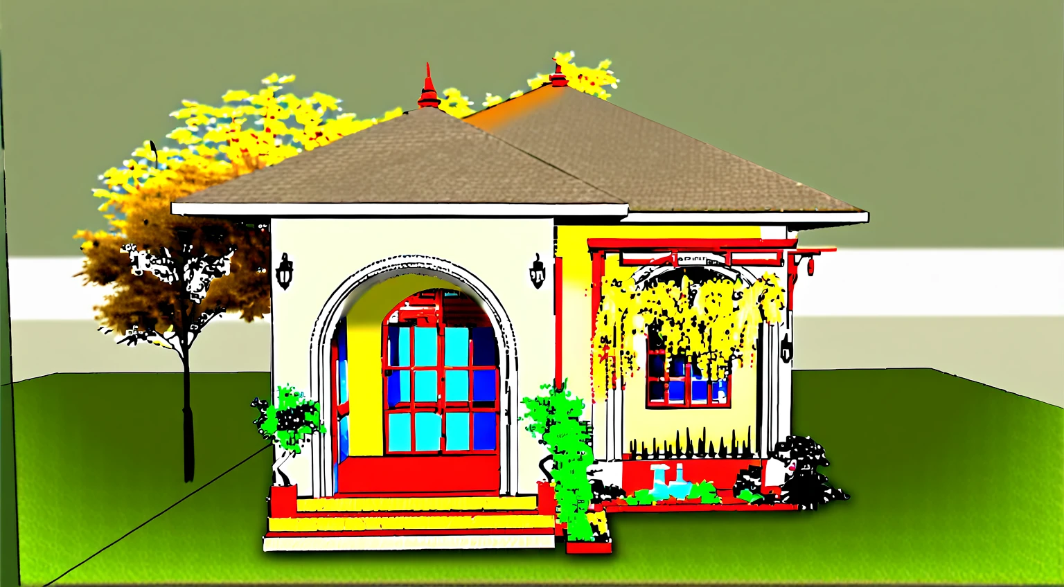 a rendering of a small white house with a red roof, frontview, exterior design, front perspective, 2 d render, front-view, front elevation view, front view dramatic, inter dimensional villa, front view, residential design, complete house, overall architectural design, detailed design, sketch - up, d render, simple yet detailed, with 3 d render