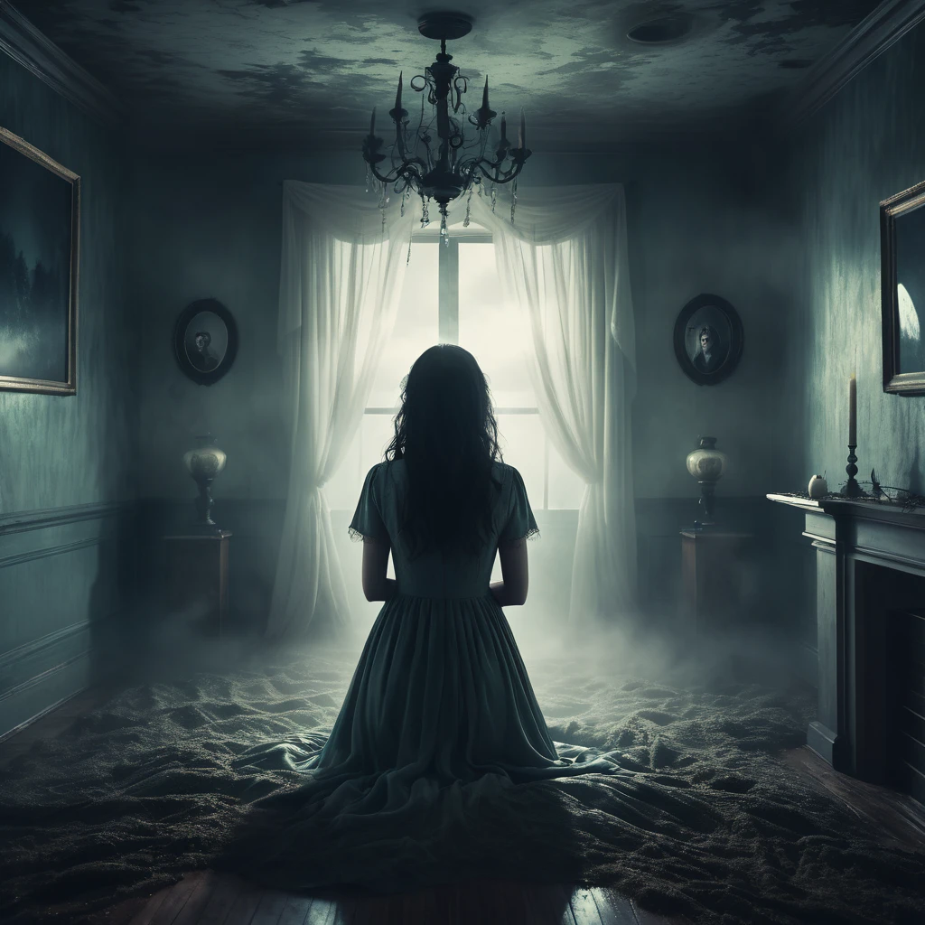 Make a dreamy mysterious horror style image symbolizing anxiety and hope