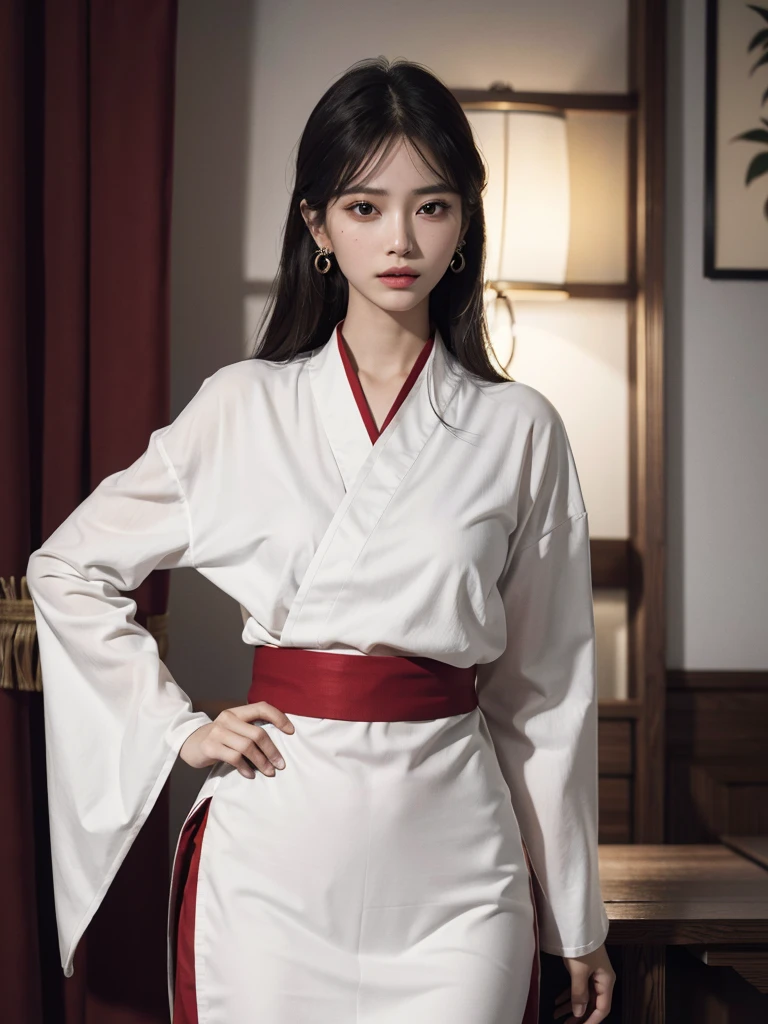 absurdres, RAW photo, extremely delicate and beautiful, masterpiece, Best Quality, ultra high resolution, 32k, hyperrealistic, ultra-detailed, perfect anatomy, anatomically correct, perfect figure, Perfect Style, Perfect balance, super Detailed skin, in her 30s, very Slim body, narrow waist, very small head, very small face, delicate facial features, handsome detailed woman, very detailed eyes and face, realistic face proportions, Realistic beautiful face, Realistic beautiful eyes, tearful mole, earring, very huge round tits, full body shot, bare legs, medium hair, indoor, (nontraditional miko uniform:1.2),