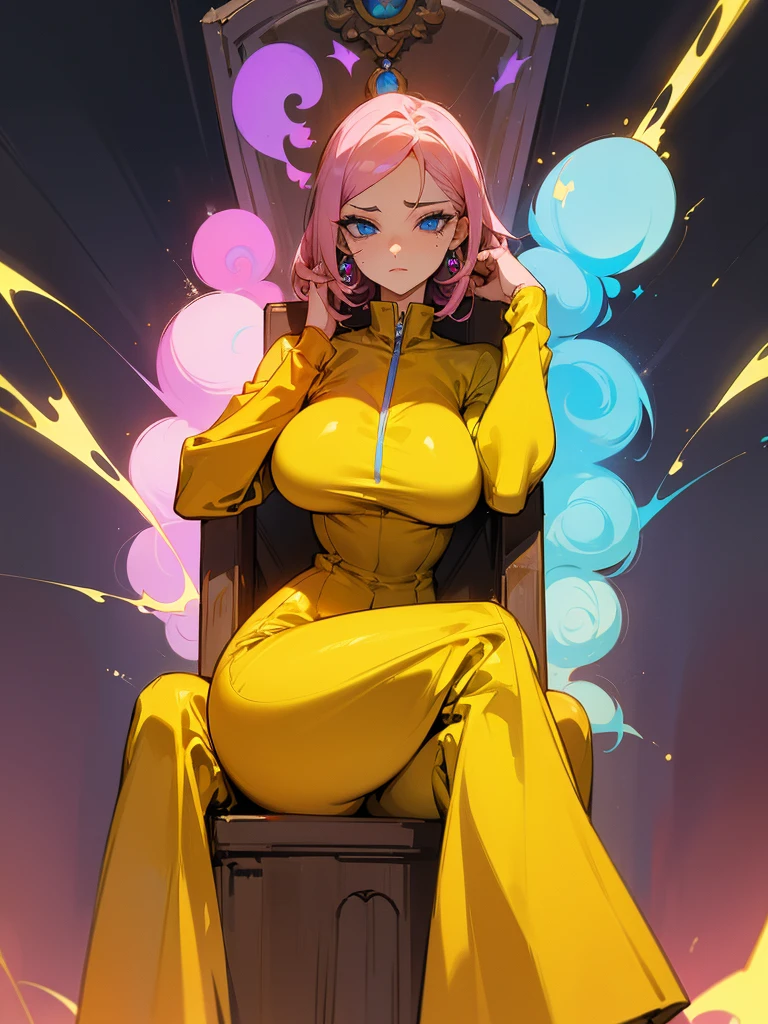 a mature woman , hero pose, cabelo rosa big fit ass, shining blue eyes, wearing a mustard yellow jumpsuit. hero pose, seios big fit asss35 anos, sitting on an royal throne,  psychedelic, ???, mind blowing, big fit ass , female, vagina, tattoo's, glare eyes, espiritual