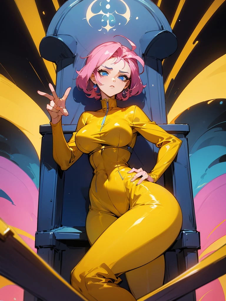 a mature woman , hero pose, cabelo rosa big fit ass, shining blue eyes, wearing a mustard yellow jumpsuit. hero pose, seios big fit asss35 anos, sitting on an royal throne,  psychedelic, lsd, mind blowing, big fit ass , female, vagina, tattoo's, glare eyes, espiritual