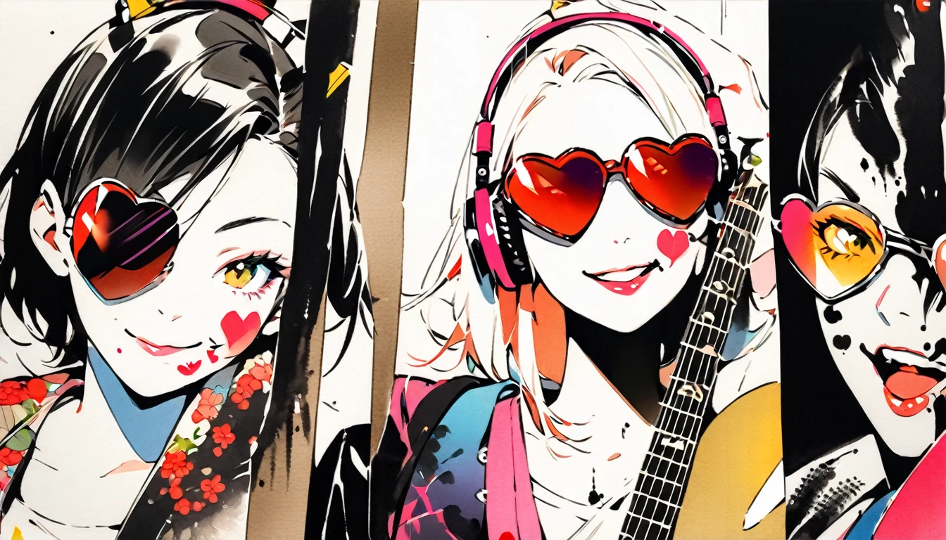 Fashion portrait color photos, (((Ink Painting))), (((1 girl))), (((Heart tattoo on face))), (((sunglasses))), Japanese style headphones, (((guitar bass))), Japanese Beauty, Black Hair, smile, Small devil