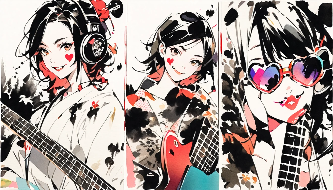Fashion portrait color photos, (((Ink Painting))), (((1 girl))), (((Heart tattoo on face))), (((sunglasses))), Japanese style headphones, (((guitar bass))), Japanese Beauty, Black Hair, smile, Small devil