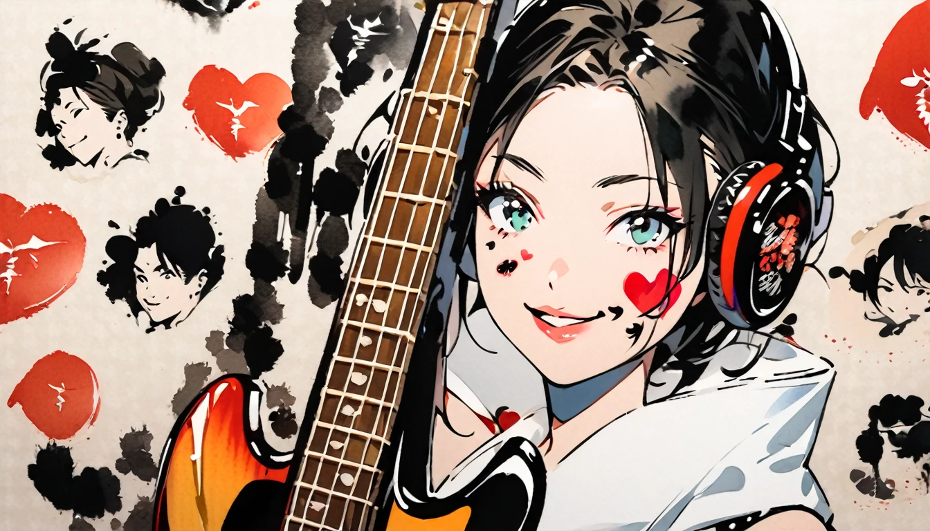 Fashion portrait color photos, (((Ink Painting))), (((1 girl))), (((Heart tattoo on face))), (((sunglasses))), Japanese style headphones, (((guitar bass))), Japanese Beauty, Black Hair, smile, Small devil