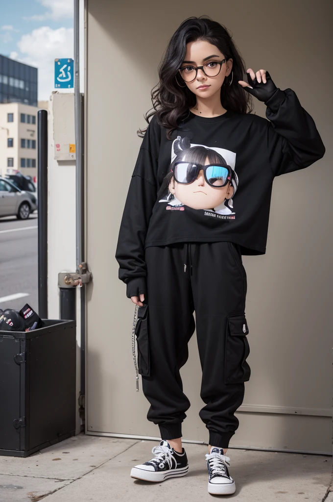 Create a funko pop with the box next to it with the name Nathany with wavy hair and black cargo pants, with an ALL star sneaker, with a white long-sleeved cropped blouse with black stripes, wearing black glasses and wearing a glove like holes