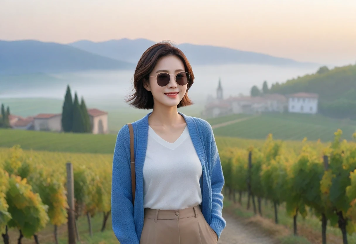8k best picture quality, Beautiful 36-year-old Korean woman, Chest size 34 inches, Dawn in the early autumn countryside in northern Italy, View of the cathedral next to the vineyards, The back background is realistic and vivid quality., short medium hair, shirts and cardigans, Wear casual pants, Smile slightly. the background is clear, look up to the side., Looking at vineyards covered in thick fog from a hillside road, Wearing thick horn-rimmed sunglasses.