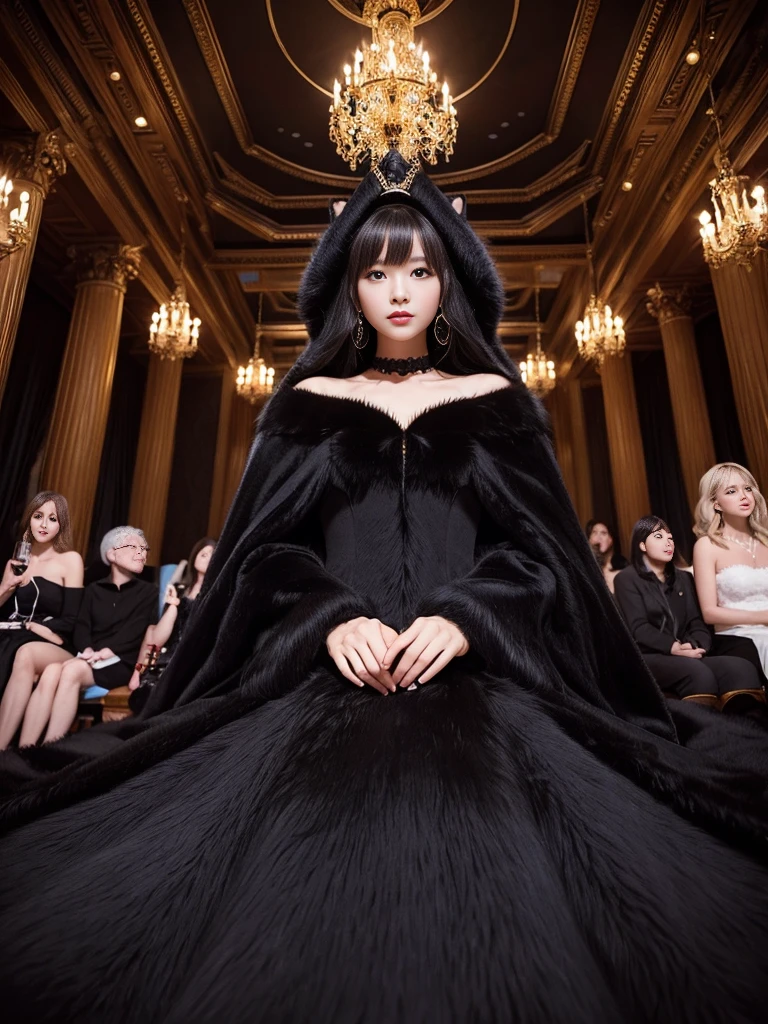 fluffy。fluffyの毛皮。Luxurious black fur。Woman in luxurious dress。Fur Cape。Four women。Watching the audience。Fairytale room。Fluffy carpet。Fisheye Lens