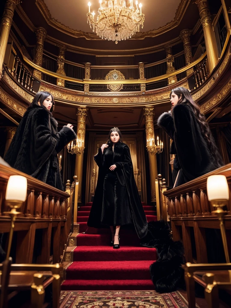 fluffy。fluffyの毛皮。Luxurious black fur。Woman in luxurious dress。Fur Cape。Four women。Watching the audience。Fairytale room。Fluffy carpet。Fisheye Lens