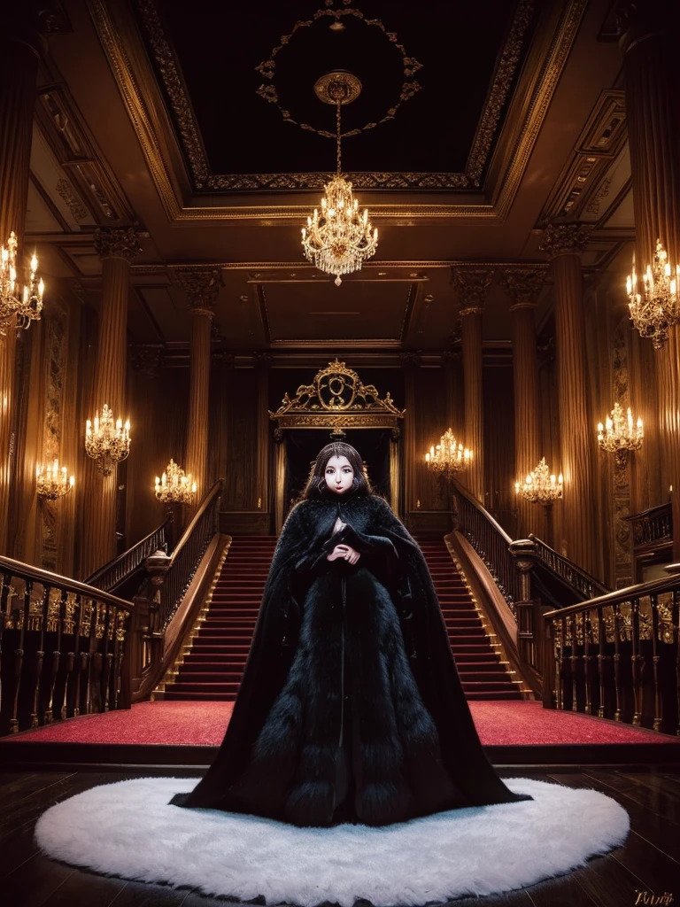 fluffy。fluffyの毛皮。Luxurious black fur。Woman in luxurious dress。Fur Cape。Four women。Watching the audience。Fairytale room。Fluffy carpet。Fisheye Lens