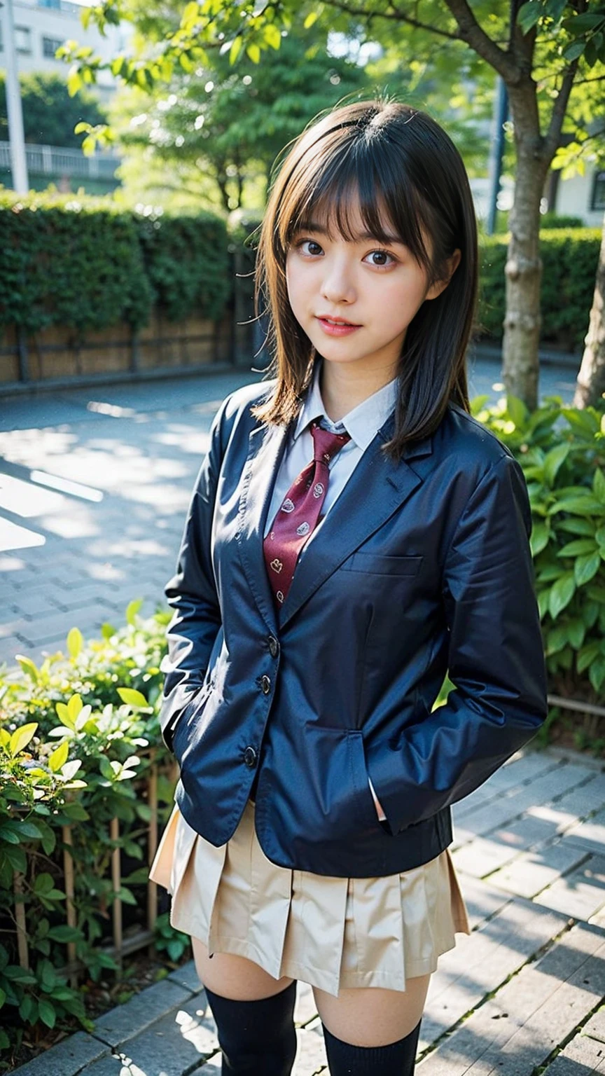 (8k、RAW Photos、Highest quality、masterpiece:1.2)、(Realistic、Realistic)、1 Girl、((mini skirt、whole body、blazer、チェック uniform、Navy Socks、loafers、garden、View from the front、Looking at the camera、Hands on your hips))、cute