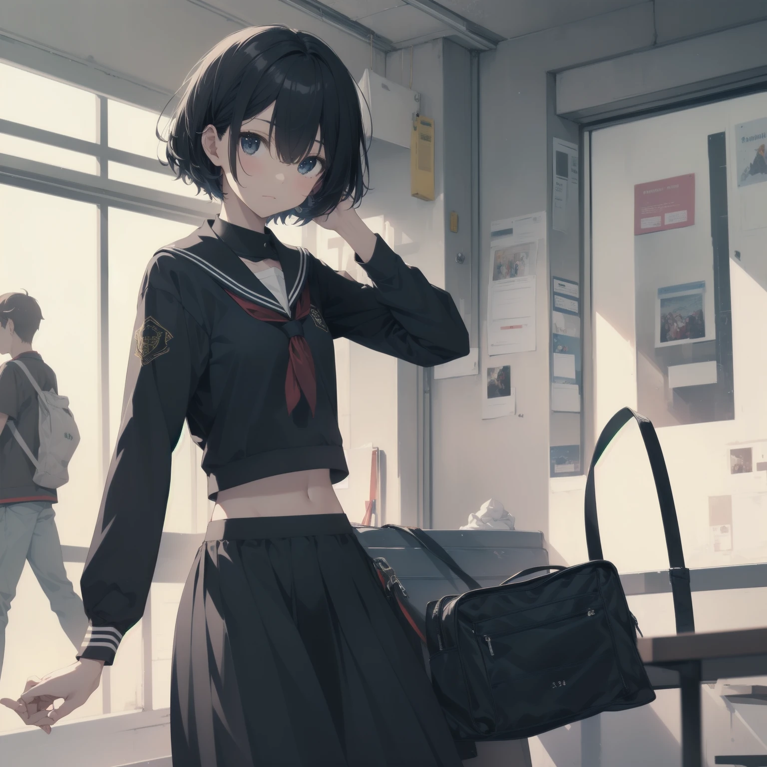 ultra-absurdres-Top quality by artist God, ultra-detailed, high resolution, anime moe artstyle, best anime 8k konachan wallpaper, pixiv contest winner, pool:2810, perfect anatomy,break, 1girl, (Please draw a girl walking sleepily to school alone. )break,(Solo,little female, 13-year-old:1.3),Full limbs, complete fingers,a junior high school student, (very short hair), short cut, flat chest, , small butt, small black eyes, beautiful detailed eyes, well-proportioned iris and pupils, expressive eyes, highres detailed hair, soft expression, salor school_uniform, sailor collar, serahuku, bow, pleated skirt,(Detailed Lighting), (Detailed background), in the School commute route. break,super detailed skin, Best cinematic lighting powered by famous artist, 8k,beauty illustration,photoshop_(medium),very aesthetic,break,((artist:kotorai )), artist:clamp ,artist:carnelian ,artist:kantoku ,