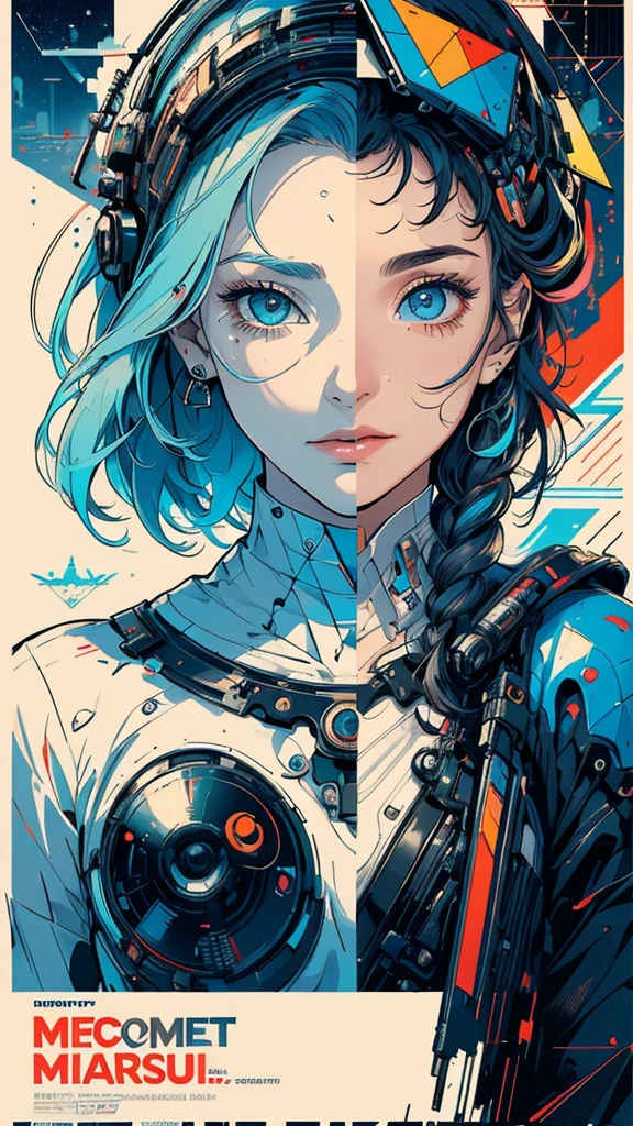 (((masterpiece, highest quality))),(((solo:1.2))),(((1girl:1.2))),32k wallpaper, very detailed, poster, vintage science fiction,(((((geometric cinematic movie poster))))), ((bauhaus)),(shape),(((abstract))),(mid century modern),movie poster,(((((portfolio))))),(((((Close-up))))),(((((bust up))))),((((more various angle)))),(((highlight))),Vast landscape,((((heterochromia)))),(((complete. detailed face))),(((Extremely talented))),(((most complecated machine))),(Colorful color scheme)