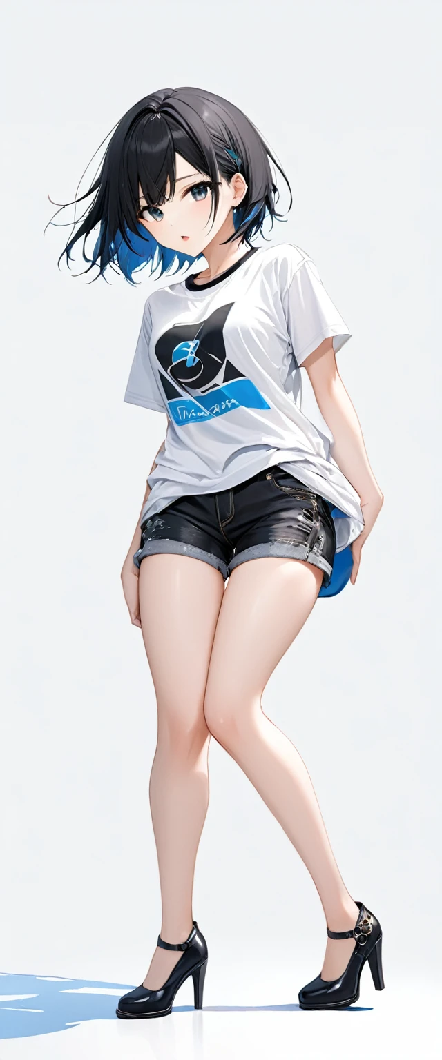 (((White background:1.5)))、(A Scandinavian rock girl singing with a microphone open and holding it in both hands)),(The entire subject is captured),(((full body:1.2))),(very wide shot)、(((masterpiece、Ultra HD、Highest quality、Masterpiece、４K:1.5)))、Slender body、(Look at the viewer with an intense gaze), Highly detailed eyes, Highly detailed fingers、Black short hair、(T-shirt on top),(Shorts underneath), Wearing high heels、Dynamic pose,singing coolly、