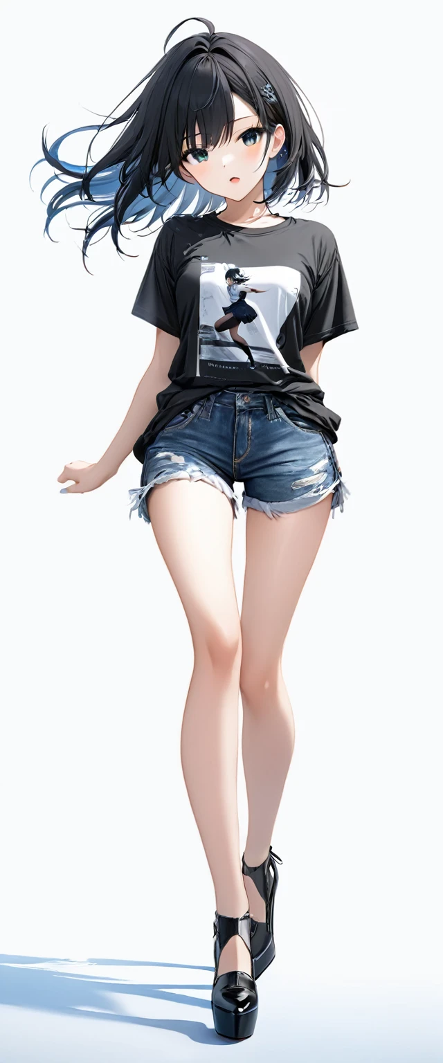 (((White background:1.5)))、(A Scandinavian rock girl singing with a microphone open and holding it in both hands)),(The entire subject is captured),(((full body:1.2))),(very wide shot)、(((masterpiece、Ultra HD、Highest quality、Masterpiece、４K:1.5)))、Slender body、(Look at the viewer with an intense gaze), Highly detailed eyes, Highly detailed fingers、Black short hair、(T-shirt on top),(Shorts underneath), Wearing high heels、Dynamic pose,singing coolly、