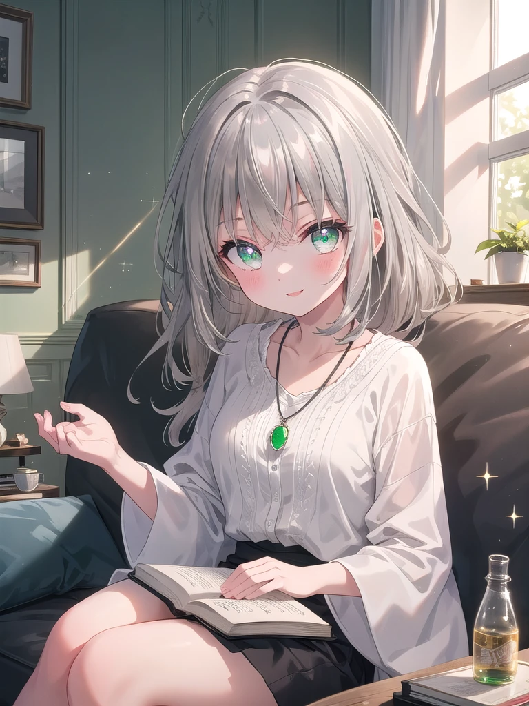 ((8k, best quality, master piece: 1.3)),super high resolution,(1 girl, solo), (colorshift eyes, hyperdetailed, expressive sparkling, glitter, glowing eyes), ultra detailed eyes, ultra-detailed face, random hair, ((silver gray color)), Ecstatic expression, A 15-year-old girl with light brown hair is relaxing in her living room at home. She is sitting backwards on the sofa, with soft sunlight streaming through the window gently illuminating her face. Her eyes are a clear emerald green, and a simple silver pendant gleams around her neck. She has a relaxed smile, holding her favorite book in her hands.
