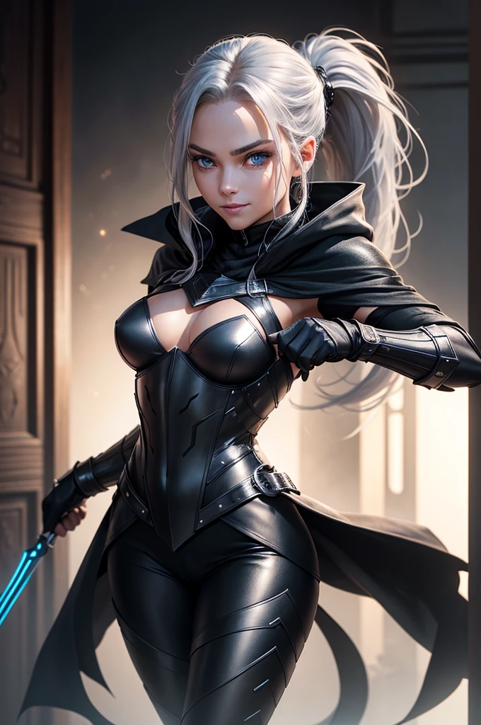 Costume:
Armor: Light armor made from durable materials, in black and silver, with designs that convey mystery and bravery.
Pants: Black leather pants that are flexible and allow for easy movement.
Boots: High black boots that are durable and silent when moving.
Gloves: Black leather gloves with open fingertips for better control of her dagger.
Cloak: A black cloak that she can use to conceal herself and move silently.
Physical Appearance:
Hair: Long, straight black hair with silver highlights, sometimes tied back in a ponytail for convenience during combat.
Eyes: Deep blue eyes with a mysterious sparkle, capable of seeing well in the dark.
Build: Slim and athletic, emphasizing agility and flexibility.
Face: Sharp features with a captivating and mysterious charm, and a confident smile.