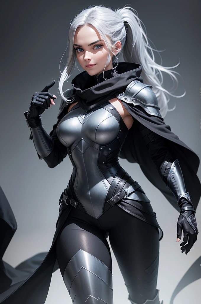 Costume:

Armor: Light armor made from durable materials, in black and silver, with designs that convey mystery and bravery.
Pants: Black leather pants that are flexible and allow for easy movement.
Boots: High black boots that are durable and silent when moving.
Gloves: Black leather gloves with open fingertips for better control of her dagger.
Cloak: A black cloak that she can use to conceal herself and move silently.
Physical Appearance:

Hair: Long, straight black hair with silver highlights, sometimes tied back in a ponytail for convenience during combat.
Eyes: Deep blue eyes with a mysterious sparkle, capable of seeing well in the dark.
Build: Slim and athletic, emphasizing agility and flexibility.
Face: Sharp features with a captivating and mysterious charm, and a confident smile.
