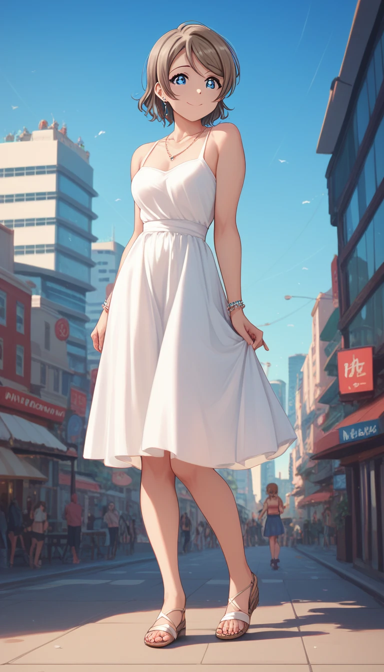 18-year-old adult woman,you watanabe, short hair, blue eyes, brown hair, full body, wearing clothes for going out in the city in midsummer, medium chest,city background, 8k