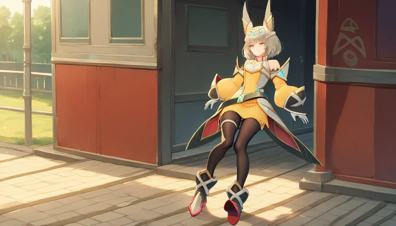 score_9, score_8_up, score_7_up, 1girl, solo, full body, detached sleeves, black belt, opaque tights, single thighband, hero, tailcoat, yellow dress, white gloves, flared shoes, face marks, yellow eyes, nia jewel, bob cut, fox ears, tiara, nia, outdoors