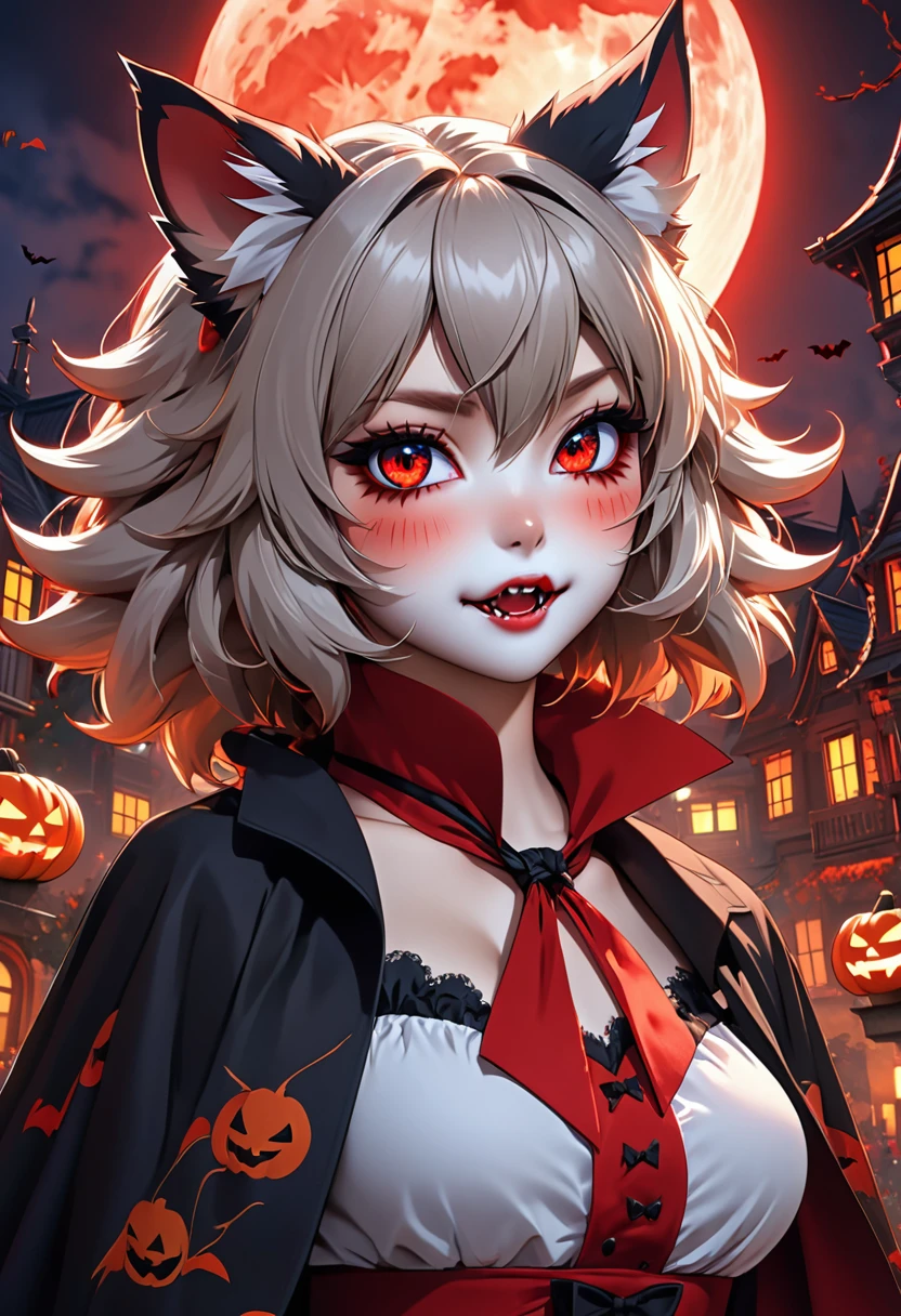 (epic, dynamic angle)top quality, best quality, High-quality illustrations, masterpiece, While creating a Halloween atmosphere, vampire with furry elements, (kemono, super cute girl, solo focus)(furry anthro)(highly detailed beautiful face and eyes)absurdres, perfect anatomy, Scene of a red full moon with a strong horror color,