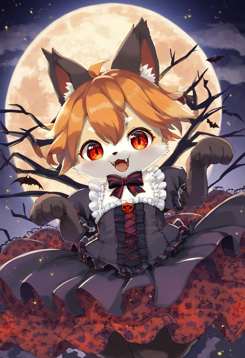 (epic, dynamic angle)top quality, best quality, High-quality illustrations, masterpiece, While creating a Halloween atmosphere, vampire with furry elements, (kemono, super cute girl, solo focus)(furry anthro)(highly detailed beautiful face and eyes)absurdres, perfect anatomy, Scene of a red full moon with a strong horror color,