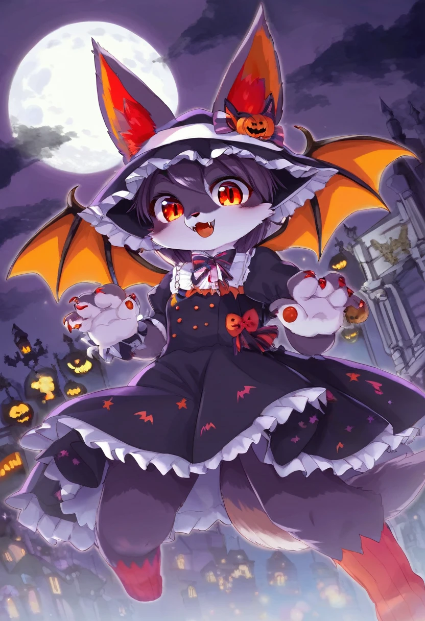 (epic, dynamic angle)top quality, best quality, High-quality illustrations, masterpiece, While creating a Halloween atmosphere, vampire with furry elements, (kemono, super cute girl, solo focus)(furry anthro)(highly detailed beautiful face and eyes)absurdres, perfect anatomy, Scene of a red full moon with a strong horror color,