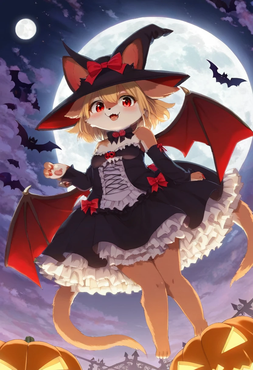 (epic, dynamic angle)top quality, best quality, High-quality illustrations, masterpiece, While creating a Halloween atmosphere, vampire with furry elements, (kemono, super cute girl, solo focus)(furry anthro)(highly detailed beautiful face and eyes)absurdres, perfect anatomy, Scene of a red full moon with a strong horror color,