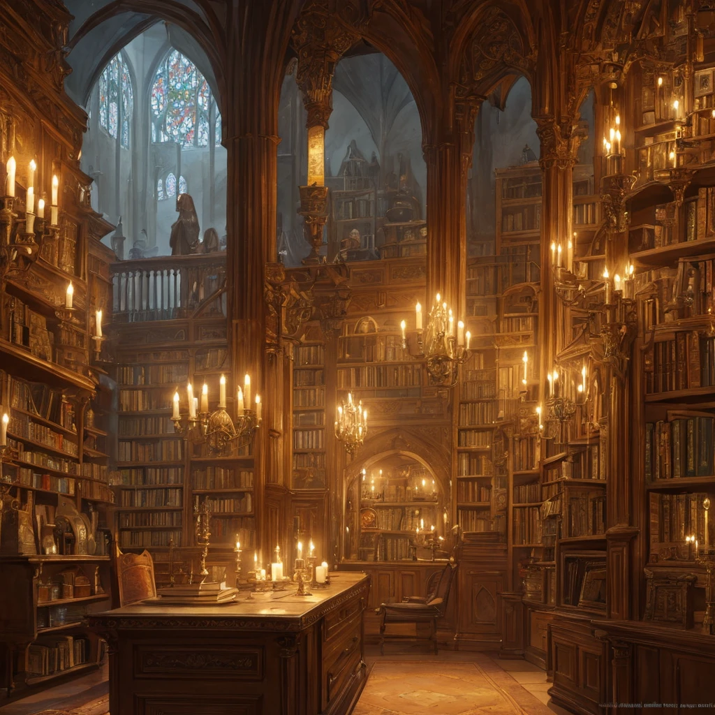 medieval merchant's study,interior scene,detailed architectural elements,antique furniture,old books and scrolls,candles and candlesticks,warm lighting,rich color palette,chiaroscuro lighting,ornate details,intricate textures,high level of realism,cinematic composition,photorealistic,digital painting,concept art