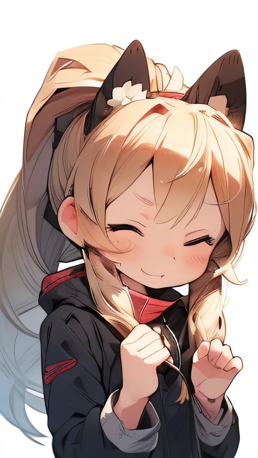 ((highest quality)), ((masterpiece)), (be familiar with),(precise fingers) 1 girl ,looking down from above, perfect face, full-Body Shot, Wide Angle, blonde hair,ponytail,(My eyes are closed), young face,,Moe,anime,white background
