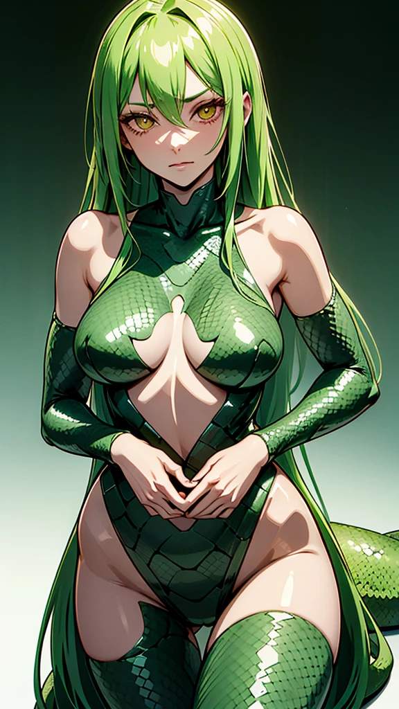 Snake girl,lamia,snake body,Based on Miia from Everyday Life with Monster Girls、A seductive version of Echidna from Queen&#39;s Blade。
Detailed explanation:
Beautiful upper body of a human female、The lower half of the body is that of a snake covered in scales.。Her hair is long and greenish-golden.、The pupils are vertically narrow like a snake.。The body has a thin scale pattern.、Skin is pale green。breasts are large、Covered with a thin cloth。From the waist down it has a long snake&#39;s tail.、It is covered in scales of a gradation of green and gold.。
Although her personality is seductive、Surprisingly intelligent。He&#39;s good at misleading intruders.、Its hypnotic powers are extremely powerful。