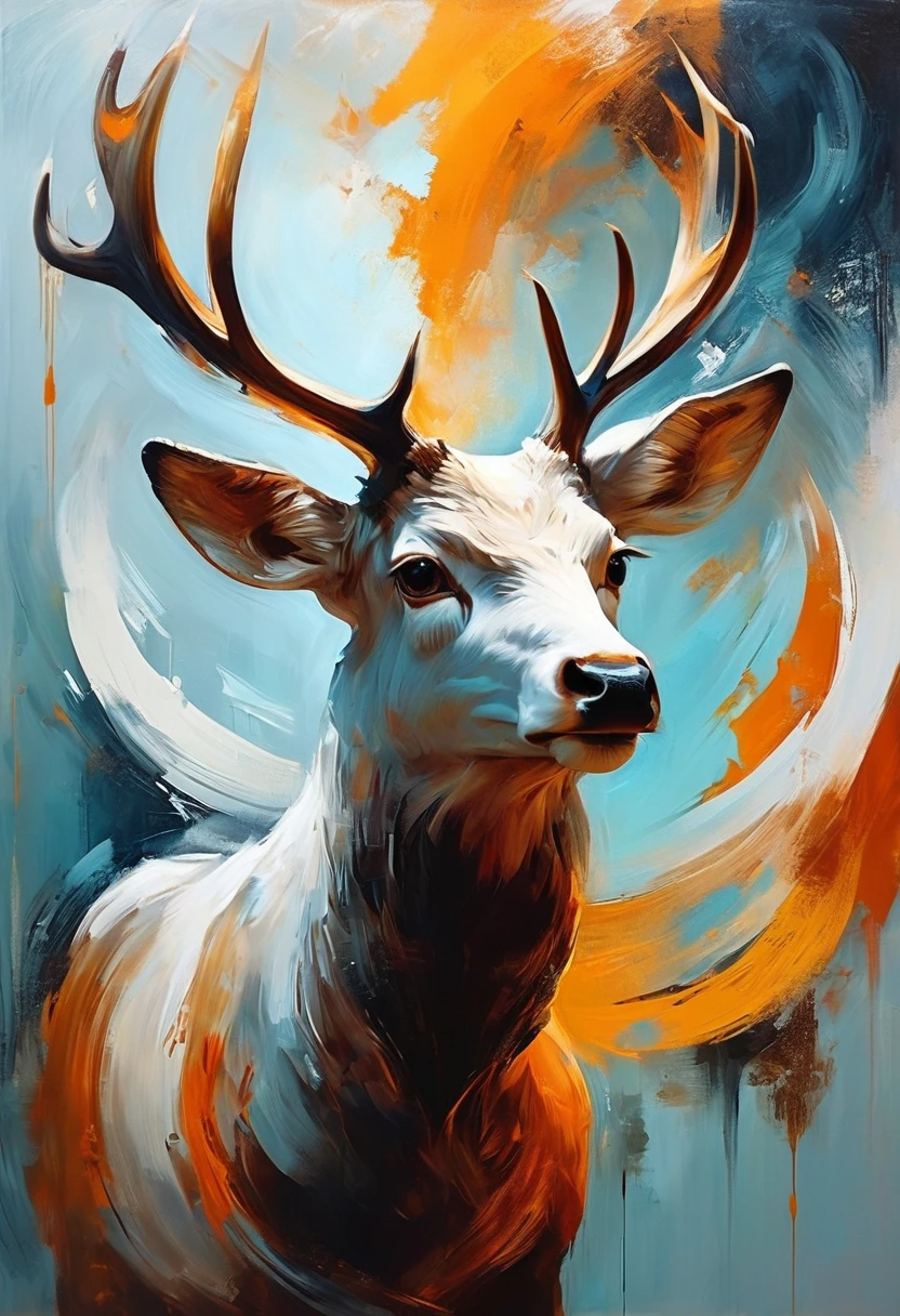 "Visualize an interpretation of a deer head. To capture its movement and energy in a unique and abstract way. Integrate strong brown, orange and white colors and sharp angles, to convey a feeling of movement and tension. Play with perspective and layering, to create a multidimensional composition, which questions traditional notions of space and form. Be inspired by the avant-garde spirit and see nature in a fresh and innovative light.. Unleash your creativity, as you bring this imaginative scene to life on the screen