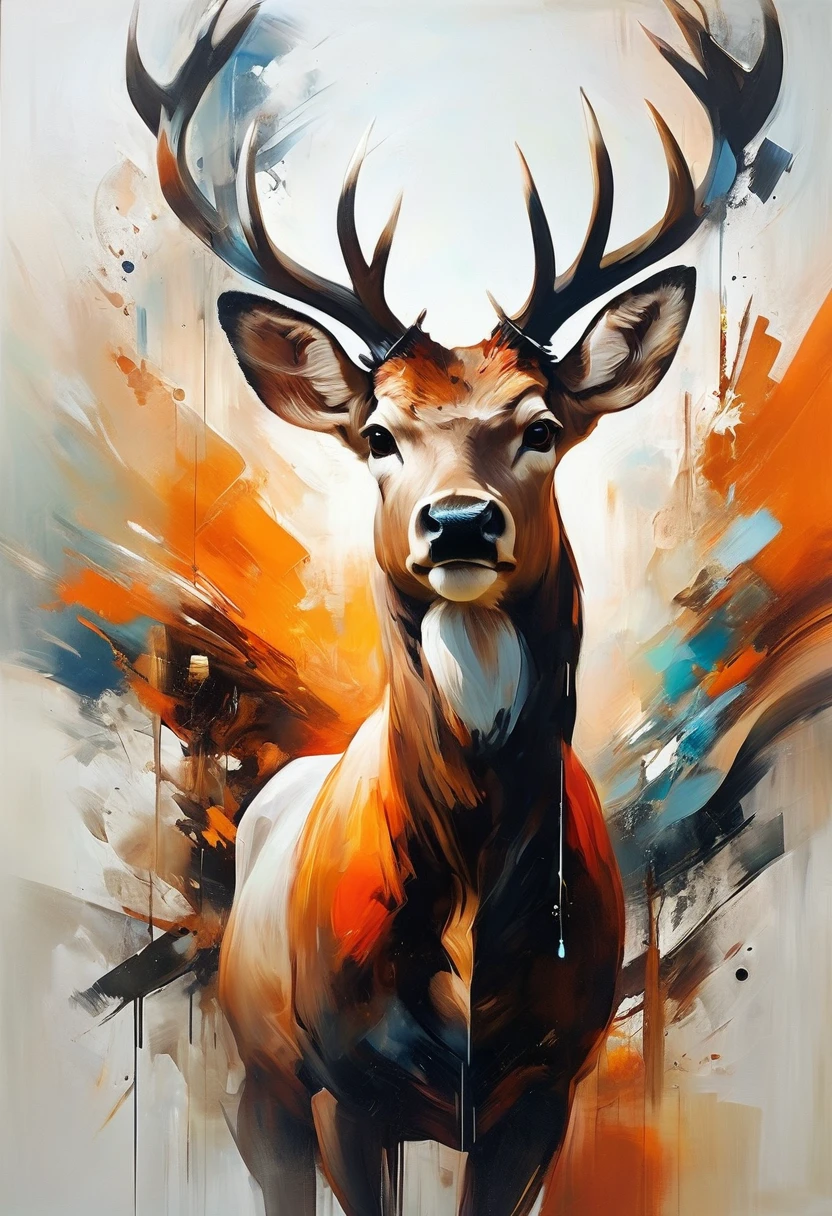 "Visualize an interpretation of a deer head. To capture its movement and energy in a unique and abstract way. Integrate strong brown, orange and white colors and sharp angles, to convey a feeling of movement and tension. Play with perspective and layering, to create a multidimensional composition, which questions traditional notions of space and form. Be inspired by the avant-garde spirit and see nature in a fresh and innovative light.. Unleash your creativity, as you bring this imaginative scene to life on the screen