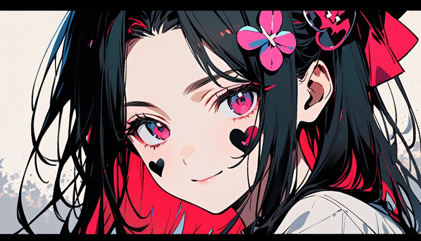 ((Ink Painting)), (((1 girl))), (((Heart tattoo on face))), (((Gorgeous hair accessories))), Japanese style headphones, face close-up, Japanese beautiful girl, Black Hair, Glare, smile, Small devil, Droopy eyes, Fashion portrait color photos