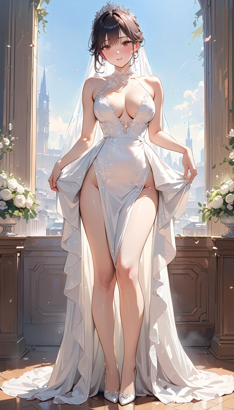 ((super detail, best quality)), masterpiece, 4K ,(whole body)、(upright)、Cute single women、Wedding dress
