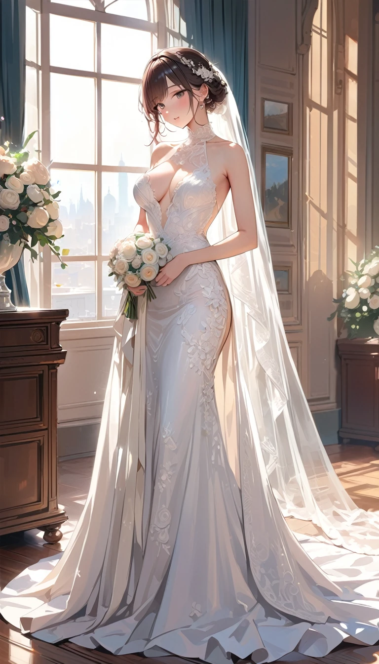 ((super detail, best quality)), masterpiece,  4K ,(whole body)、(upright)、Cute single women、Wedding dress