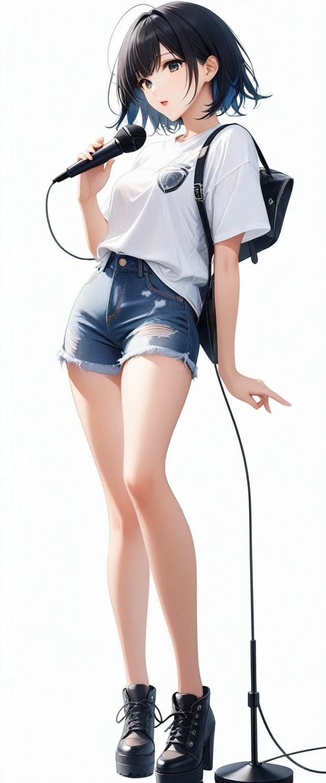 (((White background:1.5)))、(((A Scandinavian rock girl singing with a microphone open and holding it in both hands:1.5)))),(The entire subject is captured),(((full body:1.2))),(very wide shot)、(((masterpiece、Ultra HD、Highest quality、Masterpiece、４K:1.5)))、Slender body、(Look at the viewer with an intense gaze), Highly detailed eyes, Highly detailed fingers、Black short hair、(T-shirt on top、Shorts underneath), Wearing high heels、Dynamic pose,singing coolly、