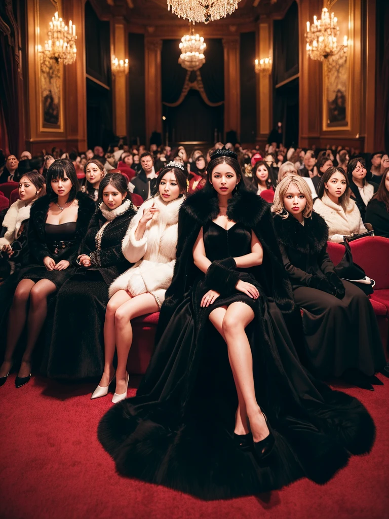 fluffy。fluffyの毛皮。Luxurious black fur。Woman in luxurious dress。Fur Cape。Four women。Watching the audience。Fairytale room。Fluffy carpet。Fisheye Lens