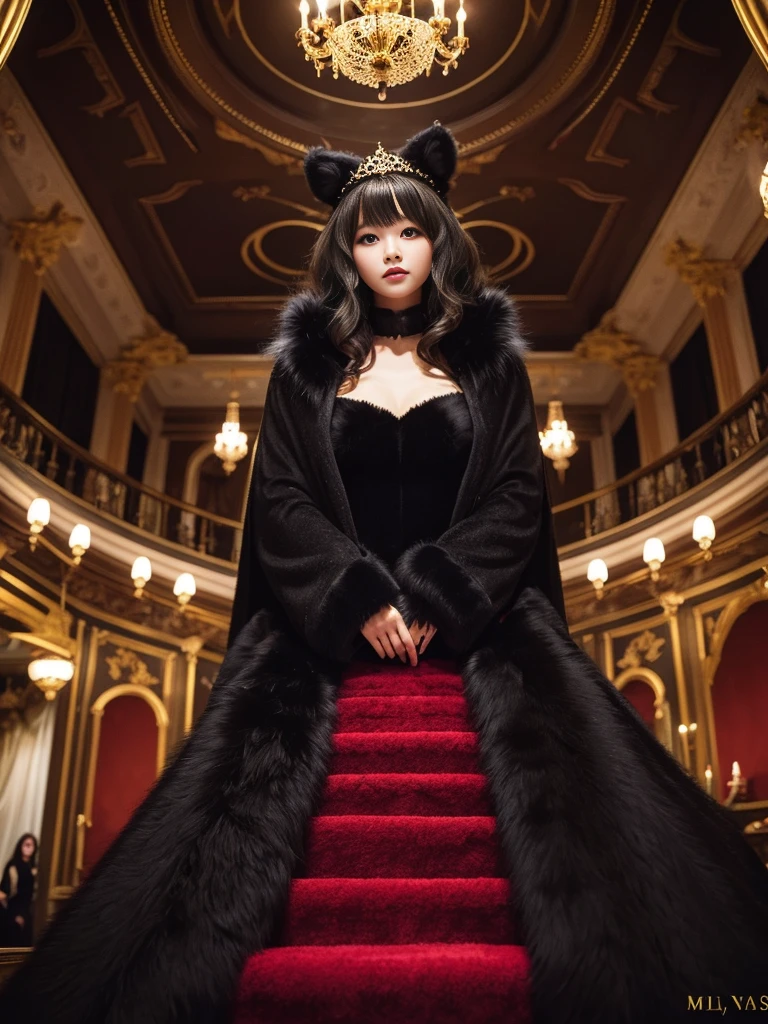 fluffy。fluffyの毛皮。Luxurious black fur。Woman in luxurious dress。Fur Cape。Four women。Watching the audience。Fairytale room。Fluffy carpet。Fisheye Lens