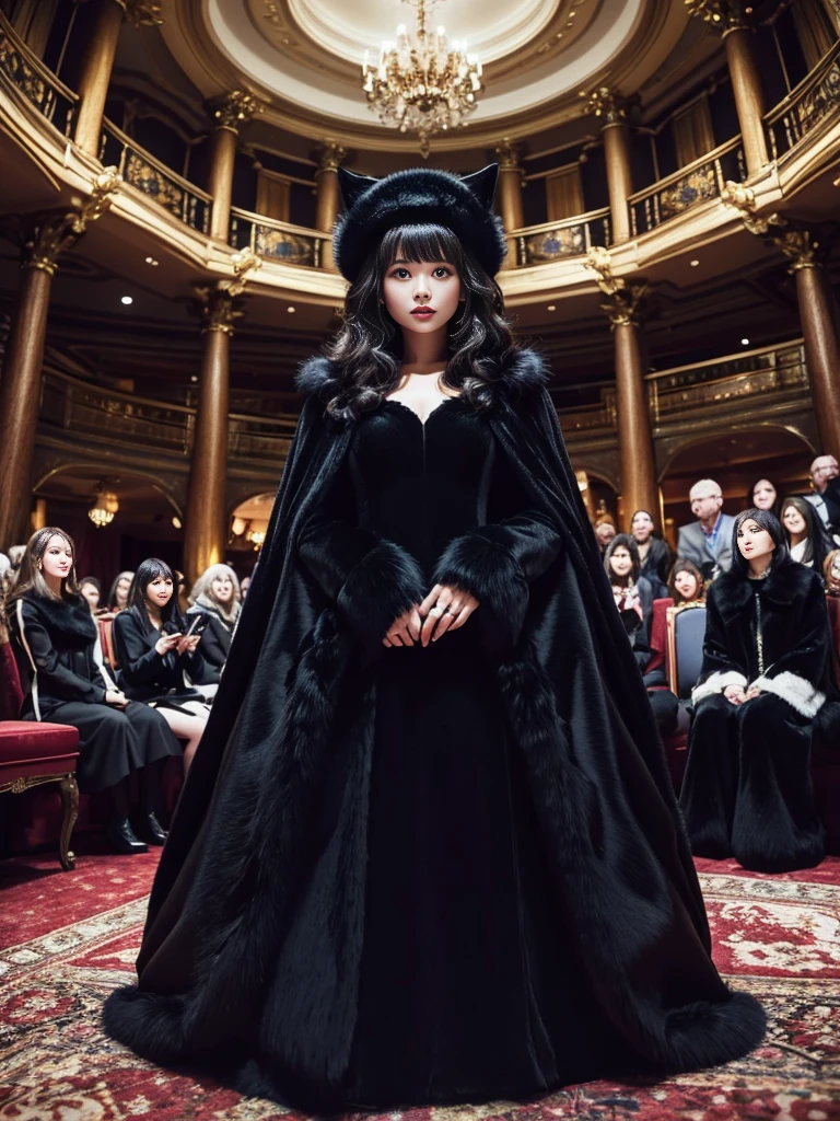 fluffy。fluffyの毛皮。Luxurious black fur。Woman in luxurious dress。Fur Cape。Four women。Watching the audience。Fairytale room。Fluffy carpet。Fisheye Lens