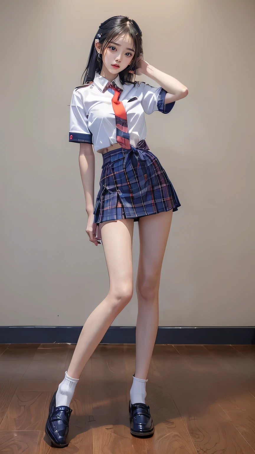 ((masterpiece)),(((最high quality))),(((((Full body shot of a girl taken from the floor:1.7))))),((Photograph the whole body from knee height:1.6)),((((((Please stand up straight:1.9)))))),((Thin thighs:1.3)),((Long legs:1.4)),(((Girl standing in a school classroom:1.7))),(((Micro Mini Skirt Uniform:1.6))),((Slim Model body type:1.8)),((Japan in summer uniform:1.8)),((Wearing a red tie:1.5)),(Wearing a white shirt with short sleeves:1.3),Her erect nipples are clearly visible under her clothes.,(Navy blue checked micro mini skirt:1.7),(:1.3),bangs,A small smile,((cute girl)),Slender girl,Black Loafers,(((short white socks up to the ankles,:1.2))),cute,The thighs below the groin are slim and firm,cute,Black hair ponytail,Thin legs,Slim Model body type,Very small waist,Small hips,Long thighs,Thin thighs,Thin hands,Long hands,((((Shooting full body from below:1.5)))),(((((k-popのIVEのWONYOUNGにそっくりの女の子:1.9))))),((Turn your whole body straight ahead:1.8)),((expensive:1.4)),(Stand with your legs straight without bending your knees:1.7),((Please stand up straight:1.7)),((turn your hips forward:1.7)),The ankles are super thin,beauty,Fine skin,Firm Skin,Realistically reproduced skin detail of thin legs,Very detailed, Attention to detail,high quality,Awards,High resolution,(Anatomically correct:1.3),(8k,RAW Photos,最high quality,masterpiece:1.5),(((Photographing a girl'Full body from below))),(((She is taking a picture with three other girls from her class.:1.5))),All three are slim and cute.,Height 173cm,((Please stand up straight:1.7)),((Please stand up straight:1.7)),((Please stand up straight:1.5)),((Please stand up straight:1.7)),(((Keep your back straight:1.8))),((Look forward:1.2)),9 head beauty,Model body type,((Inseam is half the height:1.3)),Thin thighs,((k-popのIVEのWONYOUNGにそっくりの女の子:1.5)),Tiny and slim waist