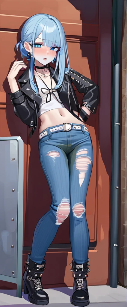 ((Highest quality, masterpiece:1.3, 8k)), (detailed), highly detailed face and skin texture, detailed eyes, Downtown, whole body, Slender body, One girl, Age 25, White skin, blue eyes, Bright lips, Worried, Embarrassing, Wolf Cut,(amount:0.8), blue eyes, Punk Fashion, Earrings,White belt,Jeans pants, Cargo Jeans, Gray jeans, Black boots, Pee Jeans, Pee pants, Pee stains, (Be incontinent:1.5), despair,