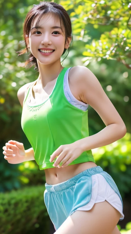 ((Highest quality、8k、masterpiece:1.3))、((garden))、((running))、sunny、Young Japanese woman、((Sportswear))、(Anatomically correct body)、（Perfect Body Beauty:1.2）、（Cute smile）、Highly detailed beautiful face、Beautiful skin texture、Beautiful Eyes、double eyelid、Large Breasts、Beautiful long legs、Wearing earphones
