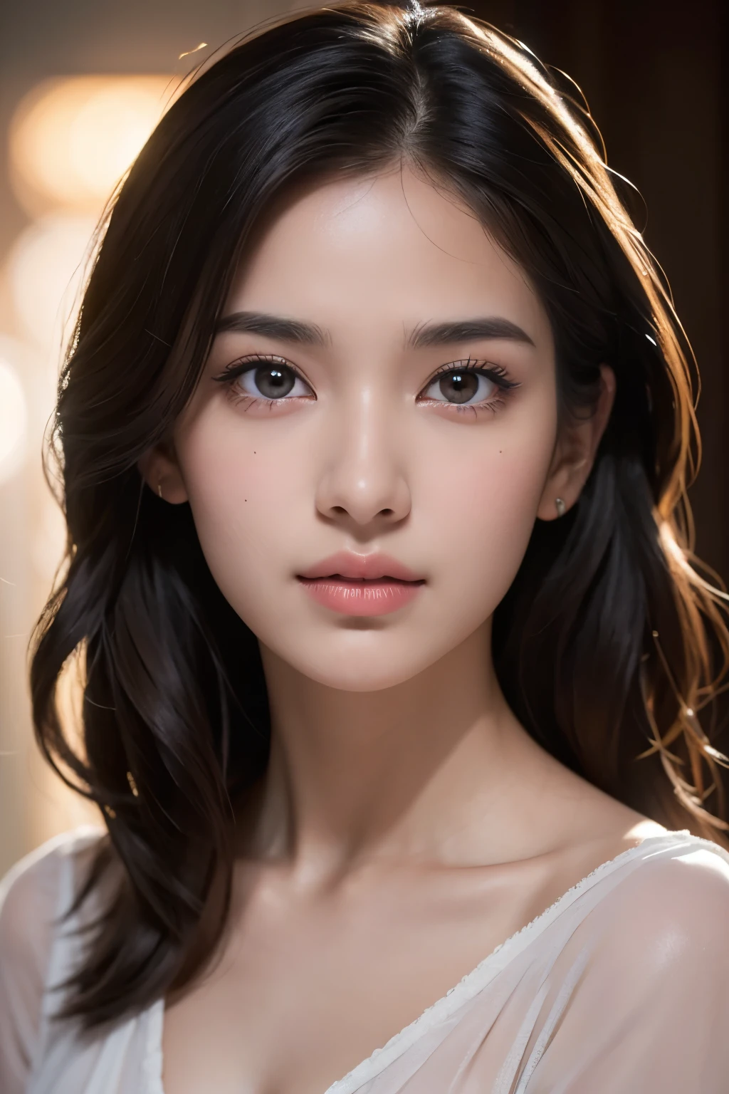 (masterpiece:1.5), high quality, Beautiful photos ,(HDR:1.3), Fine pores, Complex and meticulous, Beautiful texture, RAW photos, 16K, Scattered sunlight, 8K, RAW photos, First-class quality, Detailed RAW color photos, Professional-grade photos, (Practical, photoPractical:1.2), (Highly refined skin:1.1), Ultra-high resolution, (Lens 80mm), (F/1.2), Attractive portrait of a young Indian woman, Bathed in soft pink light,As if emanating from within, Against a dark background. light, at 1.5. Strength, radiating a soft,Wrapping her like a warm hug, Highlighting the intricate details of her 3D facial features. Her multifaceted personality, Wavy hair is a kaleidoscope of colors, From dark blue to bright purple, It draped down her slender frame with an almost ethereal grace.. The addition of short sideburns modifies her face shape, Attract the audience's attention to subtle places, Brown eyes sparkle with charming light. These eyes, The tranquil blue sea, With a hint of tareme, A Japanese makeup technique,Adds glamorous shine to the lower lash line, Hinting at the deep emotions beneath the surface. ((full-body shot))